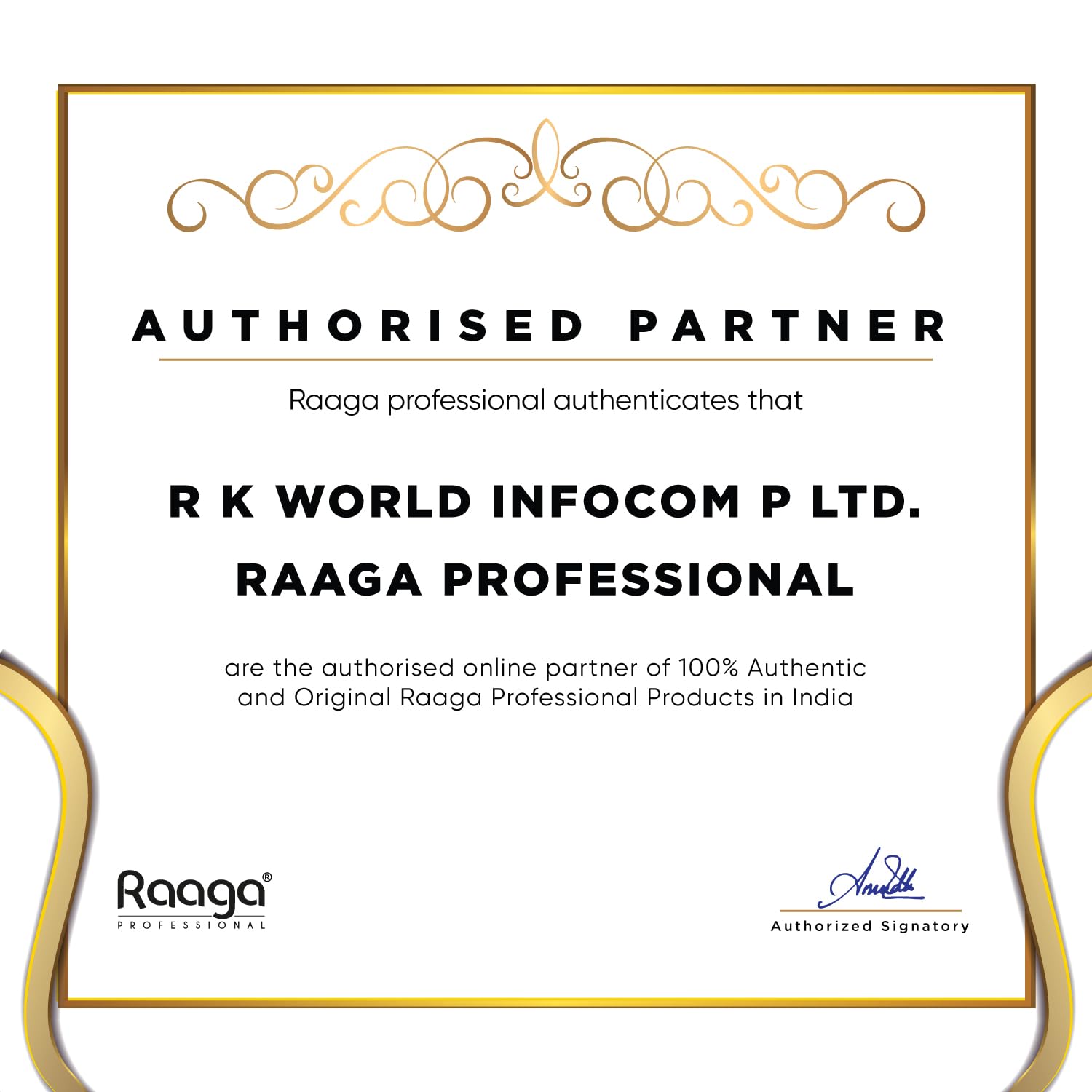 Certificate of authorised partner for R K World Infocom P Ltd. by Raaga Professional with decorative elements.