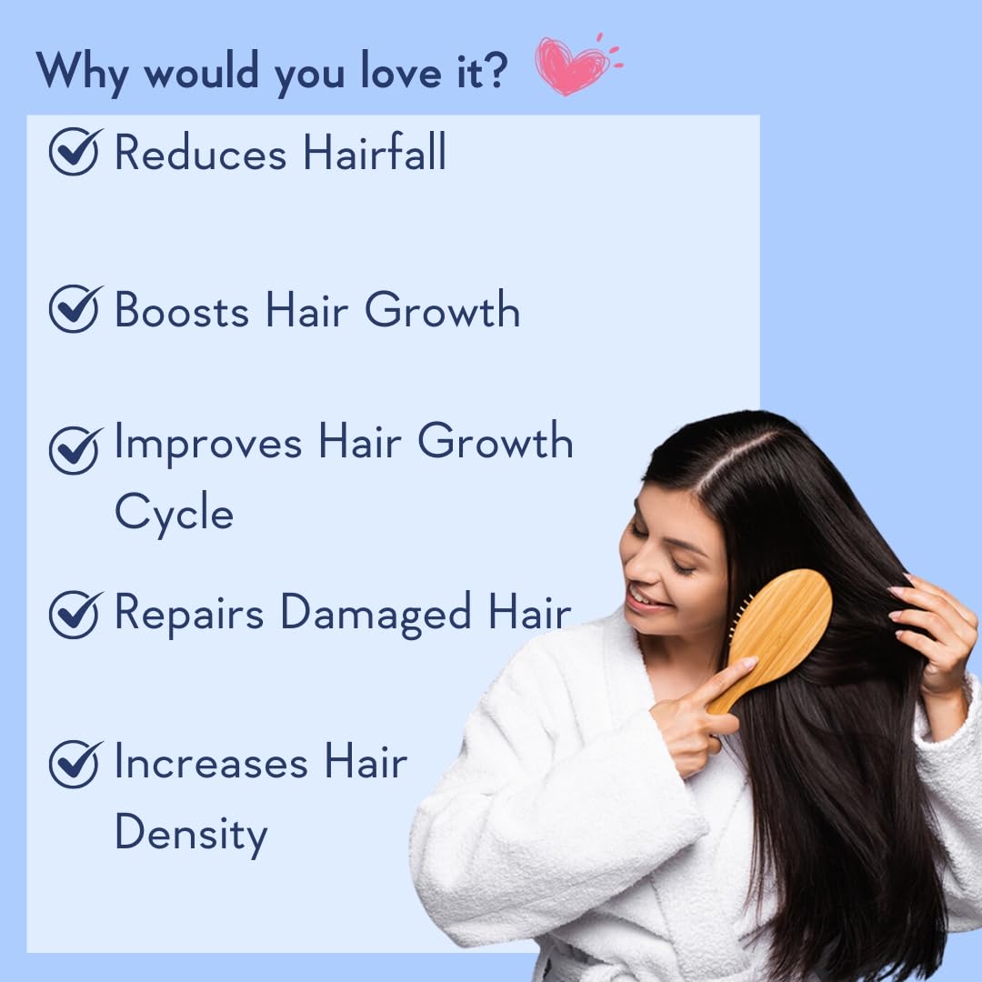 Woman brushing her hair with text highlighting hair care benefits on a blue background