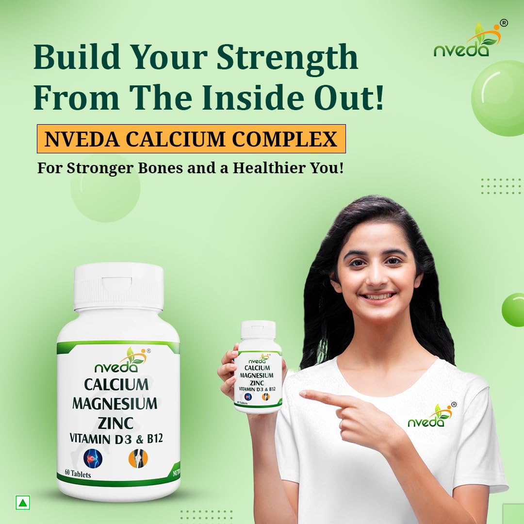 Nveda Calcium Supplement 1,000 mg with Vitamin D3, Magnesium, Zinc & Vitamin B 12 For Men & Women/For Immunity, Bone & Joint Support - 60 Tablets