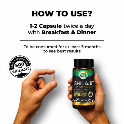 Zandu Shilajit supplement bottle with a capsule and text on how to use it.