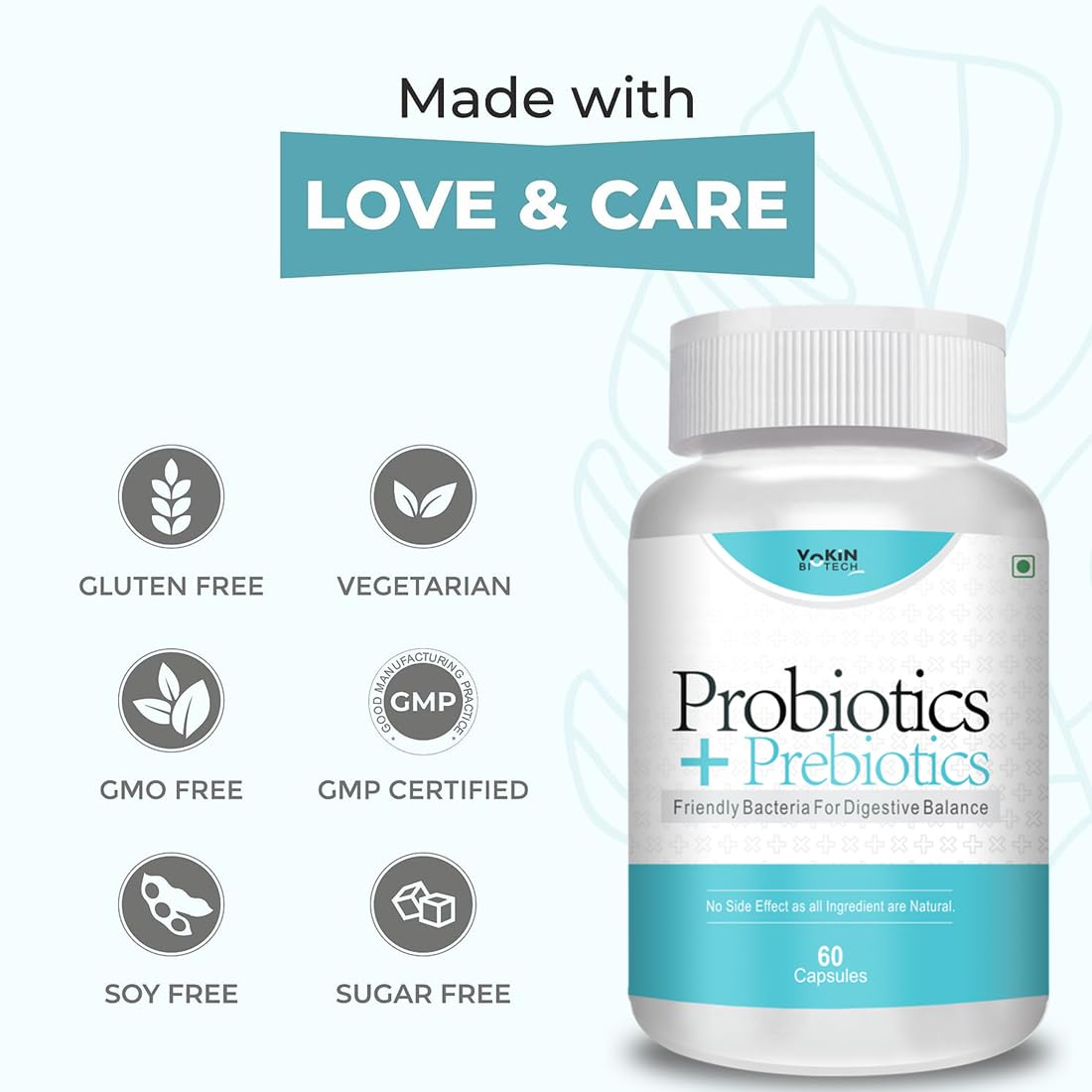 Bottle of probiotics with certification icons and 'Made with Love & Care' text on a white background