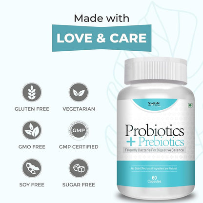 Bottle of probiotics with certification icons and 'Made with Love & Care' text on a white background