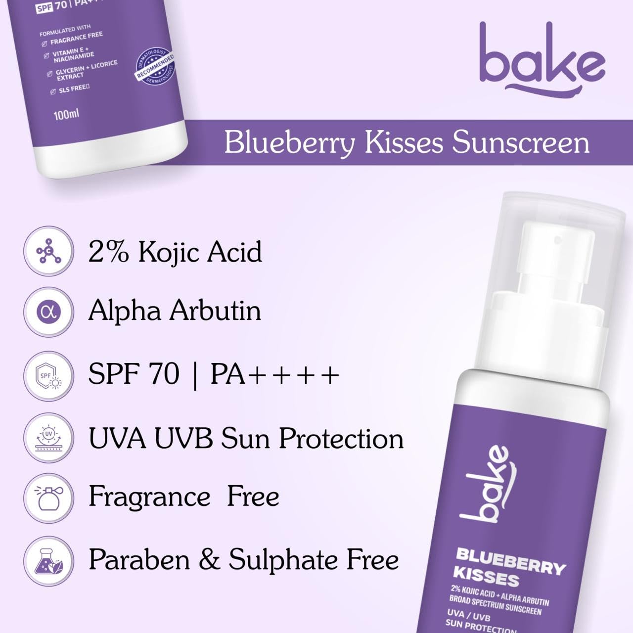 BAKE 100% Mineral Water Resistant Sunscreen SPF 70 PA+++ with 2% Kojic Acid, Alpha Arbutin & Niacinamide for Pigmentation, Dark Spots & Tan Removal | Broad Spectrum Sunscreen | Anti-Pigmentation, No Whitecast & Lightweight | 100g