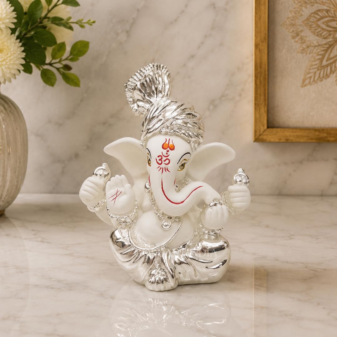 Gold Art India Ceramic Pagdi Ganesh Idol For Car Dashboard Small Ganesha Murti Ganpati Idol For Home Decor Puja Lord Ganesh Statue Gift For Office Desk Puja Room Figurine, 6X4X3Cm, Silver, Idol