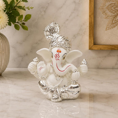 Gold Art India Ceramic Pagdi Ganesh Idol For Car Dashboard Small Ganesha Murti Ganpati Idol For Home Decor Puja Lord Ganesh Statue Gift For Office Desk Puja Room Figurine, 6X4X3Cm, Silver, Idol