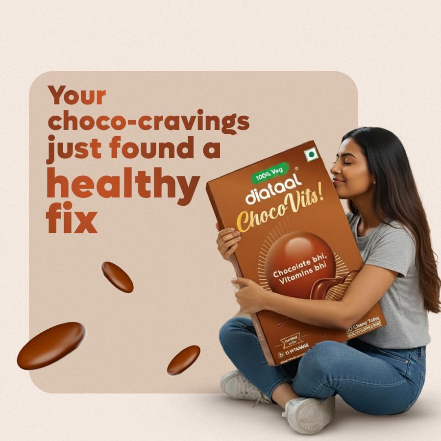 Diataal ChocoVits Veg, Chewable Multivitamin | 30 Chocolaty Tabs with 11 Essential Vitamins | Power of B-complex vitamins, B12, D3, Nicotinamide, Vitamin A, C & E for Energy | Immunity | Healthy Skin.