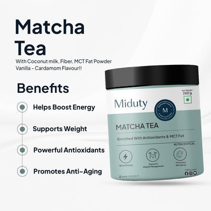 Zephivo Miduty by Palak Notes Matcha Tea - Detoxifying Drink, Fat Burner - Energy Booster, Weight Management - Promote Anti Aging & Gut Health, MCT Fat - L-Theanine With Coconut Milk - Vanilla flavour - 260g