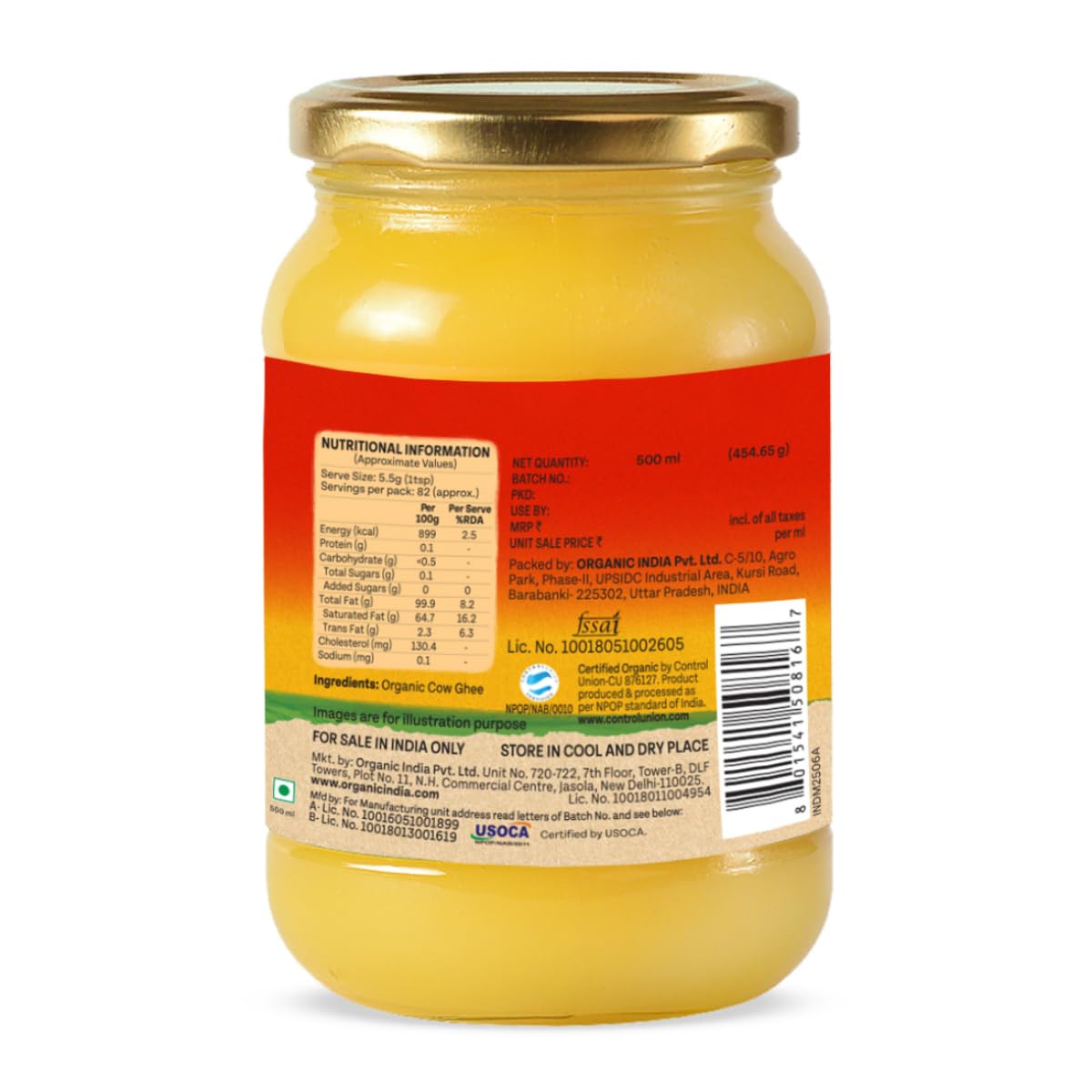 Organic India Pure Cow Ghee, 500ml, Lab Tested on 600+ Parameters, Certified Organic, Glass Bottle, Sourced from Organically Fed Cows, Authentic Taste, Rich in Healthy Fat
