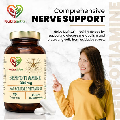 Nutraliebe Benfotiamine 300mg - Fat Soluble Vitamin B1 for Nerve Health Support, 90 Capsules