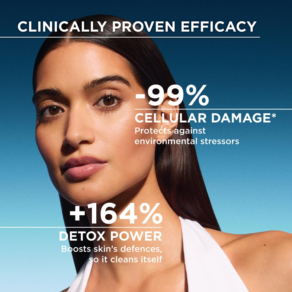 Woman with text highlighting clinical efficacy against cellular damage and detoxification on a blue background