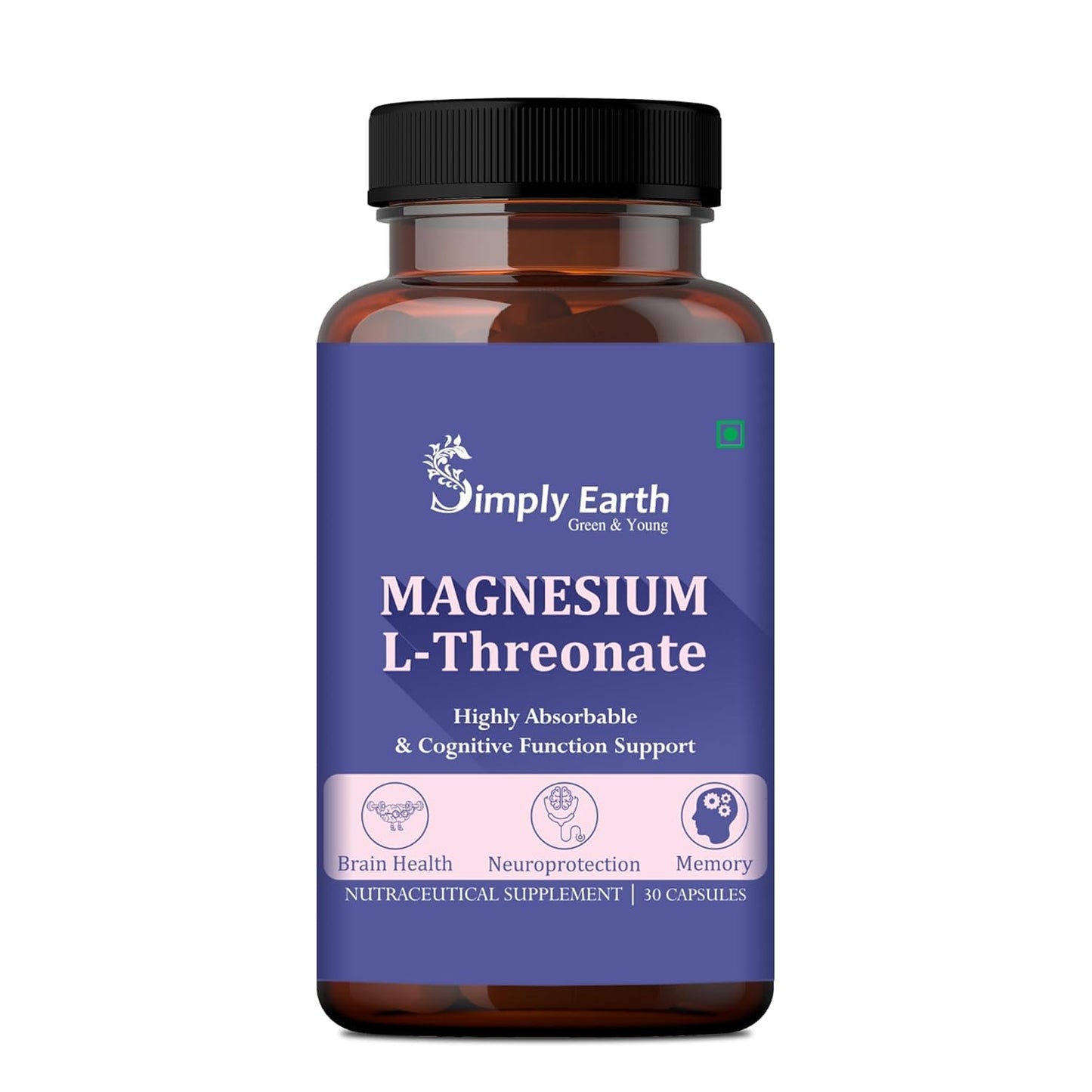 Simply Earth Magnesium L-Threonate, Supports Brain Health & Cognitive Function, Highly Bioavailable Magnesium - 60 Veg Capsules