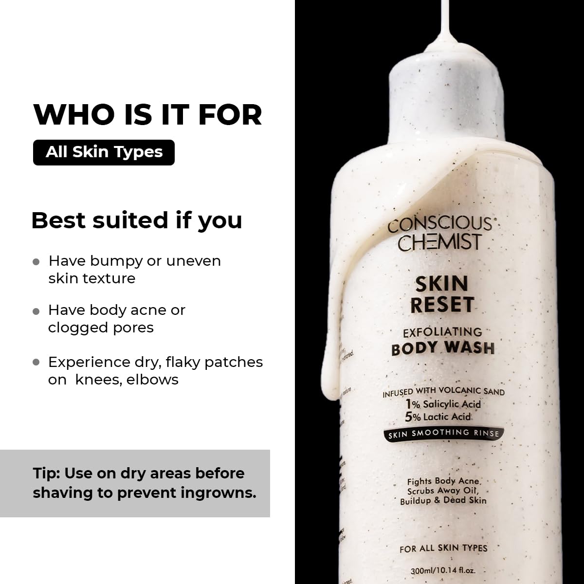 Conscious Chemist Skin Reset Exfoliating Body Wash with text on skin types and usage.