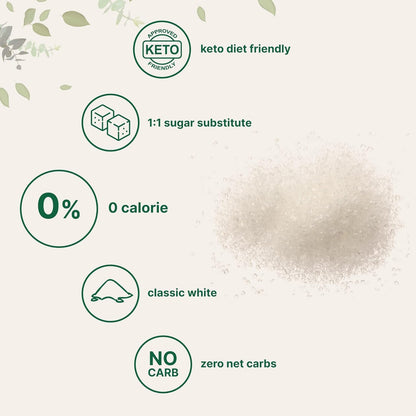 Keto diet friendly sugar substitute with text and icons on a light background