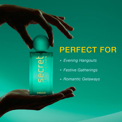 Perfume bottle labeled 'Secret Temptation' held by a hand with promotional text on a teal background