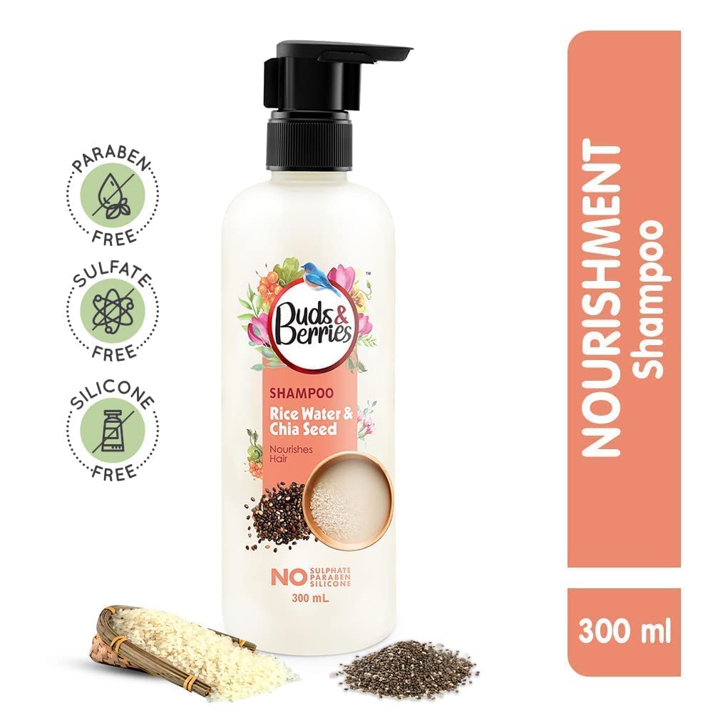 Buds & Berries Nourishment Shampoo with Rice Water and Chia Seeds | Strengthens Hair, 120 Hours of Conditioning | No Sulphate, No Paraben, No Silicone (300 ml)