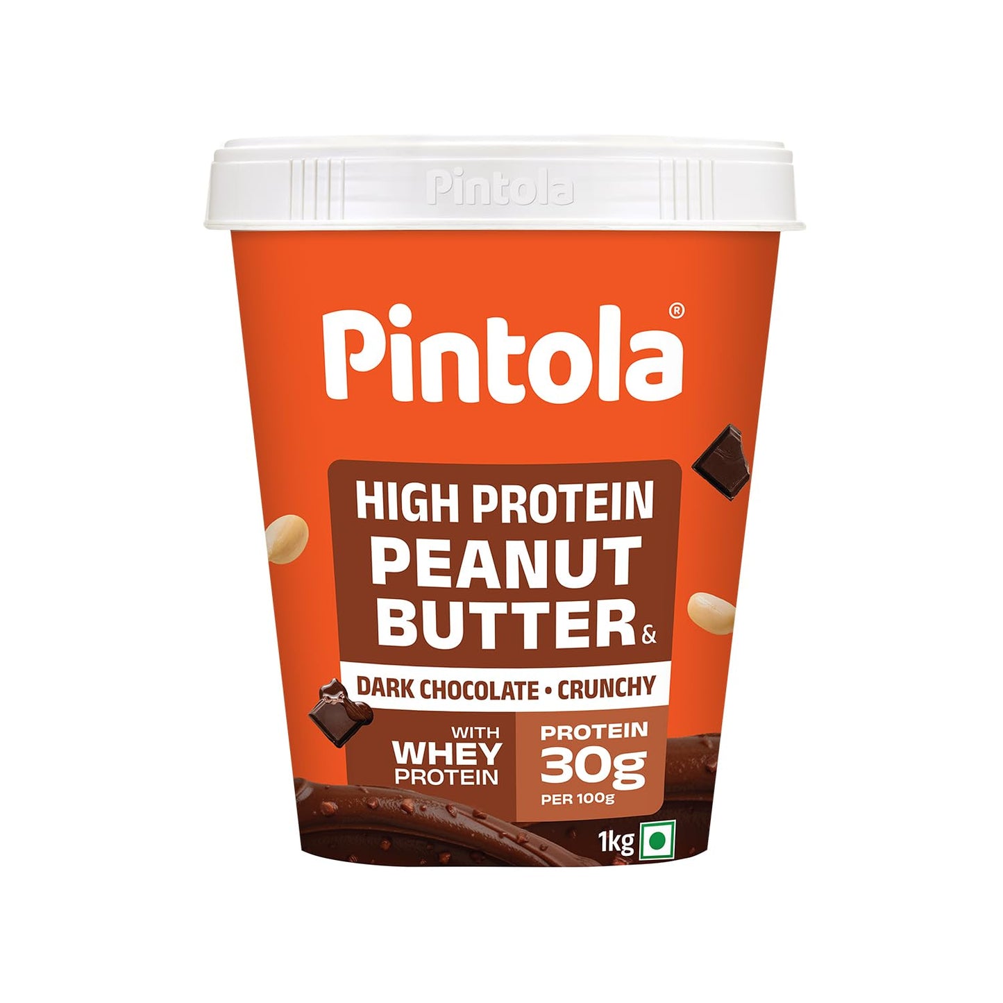 PINTOLA High Protein Peanut Butter Chocolate Flavour Crunchy, Added WHEY Protein, 30g Protein 6.2g Fiber, Gluten Free, Zero Trans Fat, Dark Chocolate Peanut Butter Spread, Nut Butter Bread Snacks