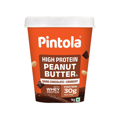 PINTOLA High Protein Peanut Butter Chocolate Flavour Crunchy, Added WHEY Protein, 30g Protein 6.2g Fiber, Gluten Free, Zero Trans Fat, Dark Chocolate Peanut Butter Spread, Nut Butter Bread Snacks