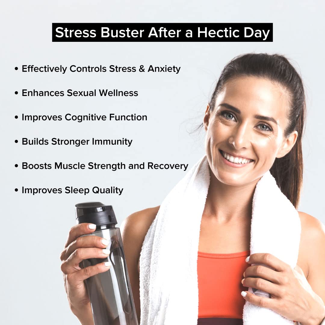 Woman holding a water bottle with text about stress busters after a hectic day