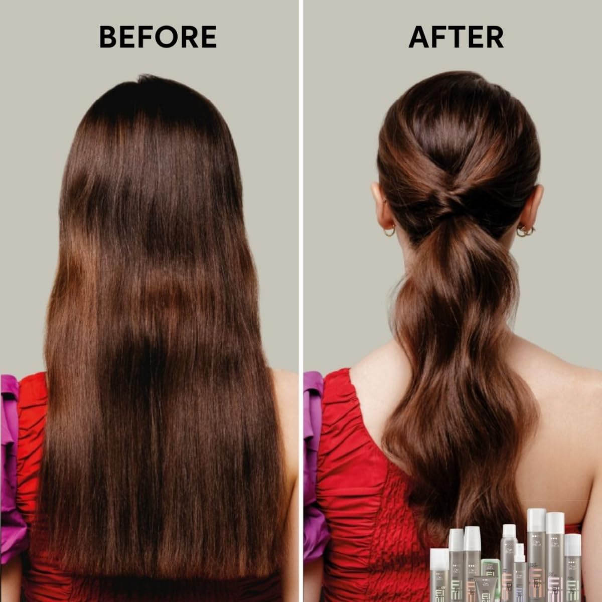 Before and after comparison of hair styled with a product, showing straight to wavy transformation.