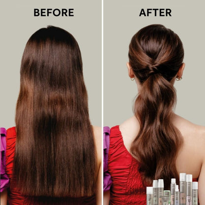 Before and after comparison of hair styled with a product, showing straight to wavy transformation.