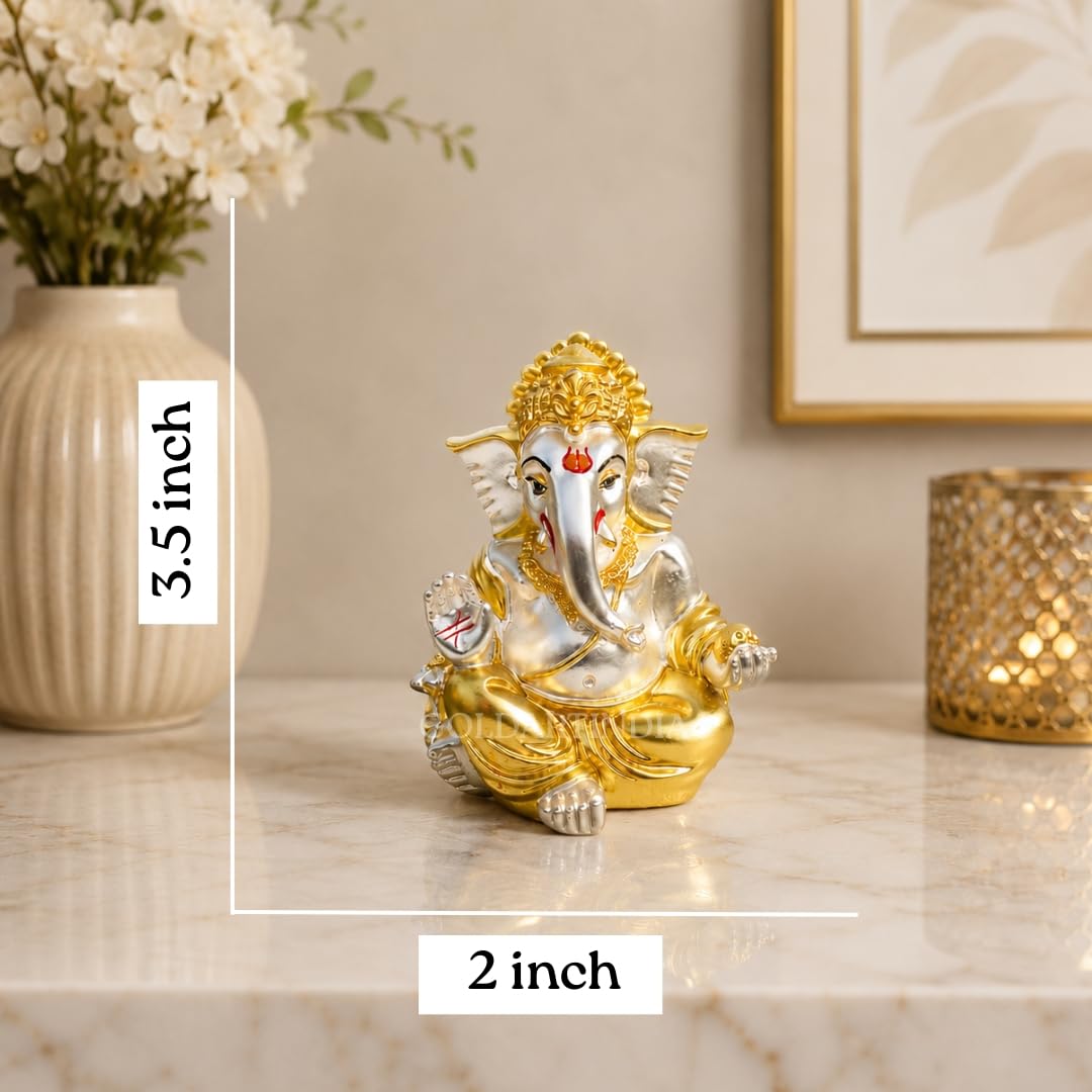 Gold Art India Gold and Silver Plated Matte Finish Ganesh Idol For Car Dashboard Ganesha Murti Ganpati Idol For Home Decor Puja Lord Ganesh Statue Gift For Office Desk Puja Room Figurine, 3 x 3 inches
