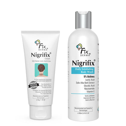 Fixderma Nigrifix Cream + 5% Actives Exfoliating Bodywash Combo | Cream for Underarm Whitening, Dark Neck, Ankles, Knuckles & Elbows | Exfoliating Shower Gel for Women & Men | All Skin Type - 250ml