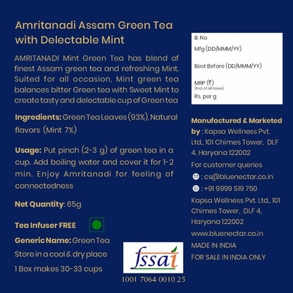 Blue Nectar Green Tea Leaves with Delectable Mint Flavor | Refreshing All Occasion Tea | Air-Tight Glass Jar with Free Tea Infuser (65g)