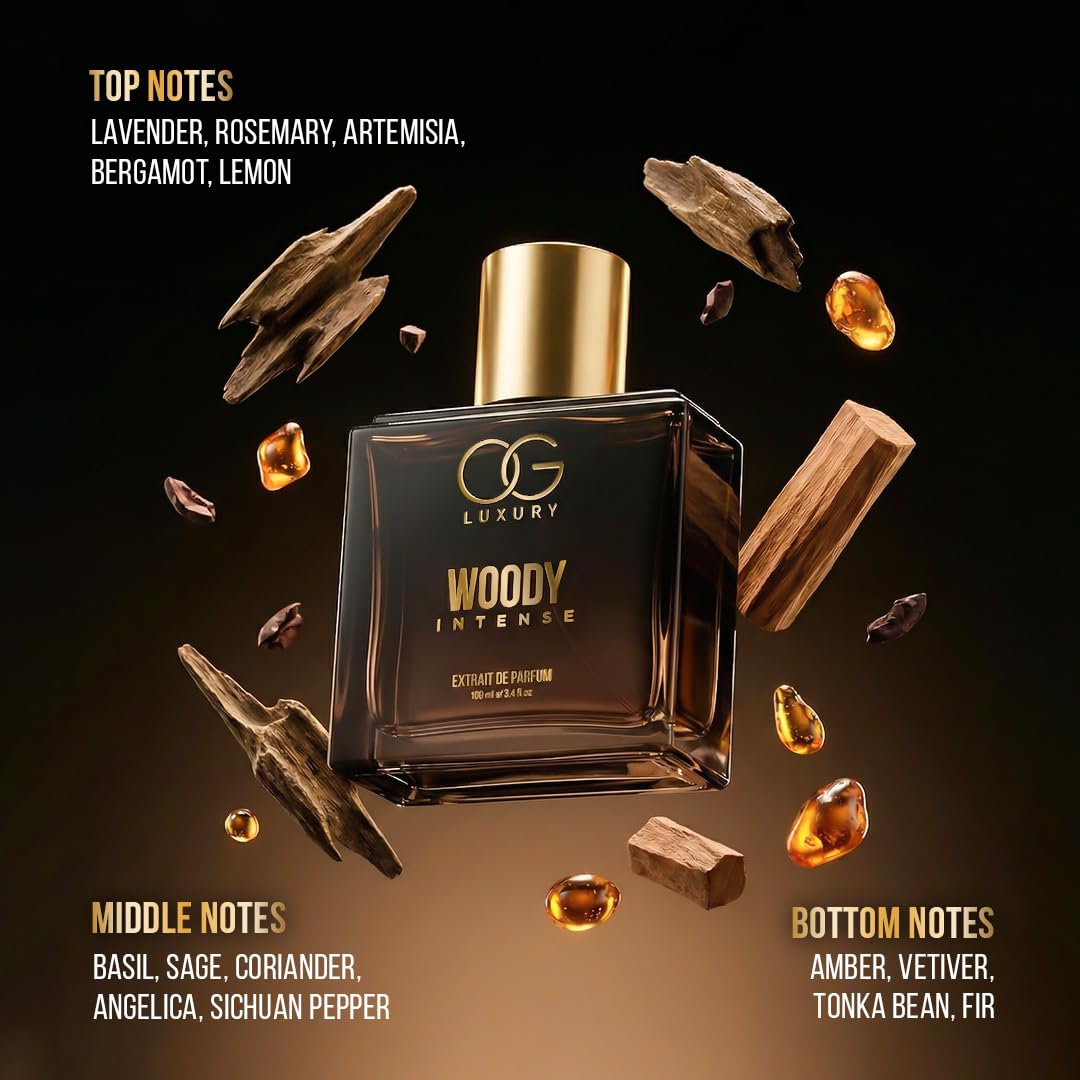 Perfume bottle labeled 'Woody Intense' with notes displayed on a dark background