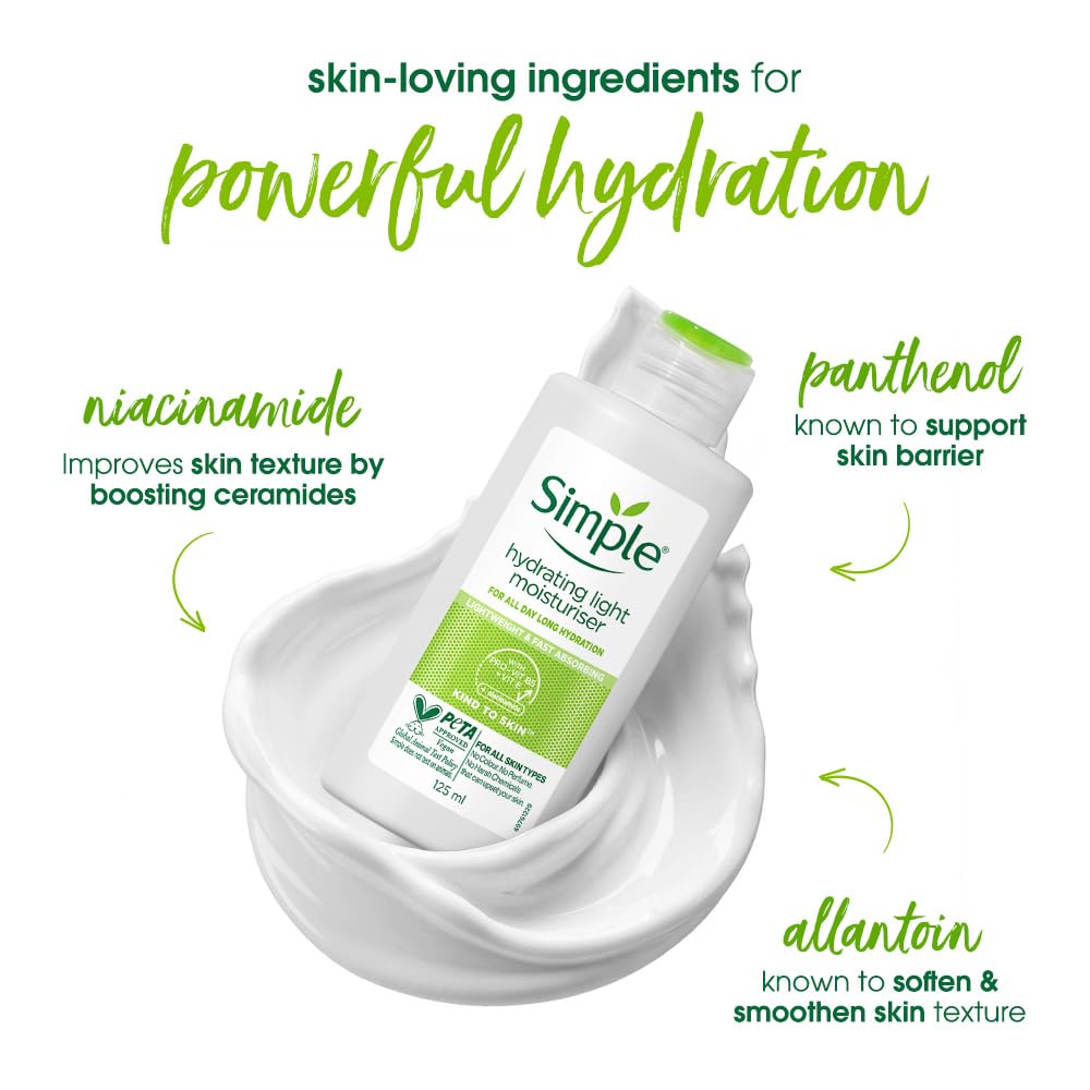 Simple Hydrating Light Moisturiser, 125ml | 12HR Hydration | With Niacinamide, Pro-Vitamin B5, Strengthens Skin Barrier| Lightweight, Non-Greasy Moisturizer | For Soft, Smooth Skin