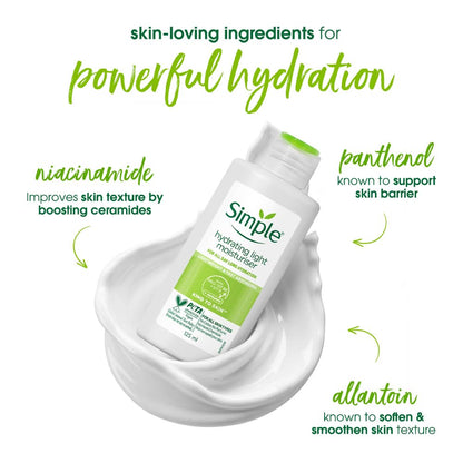 Simple Hydrating Light Moisturiser, 125ml | 12HR Hydration | With Niacinamide, Pro-Vitamin B5, Strengthens Skin Barrier| Lightweight, Non-Greasy Moisturizer | For Soft, Smooth Skin