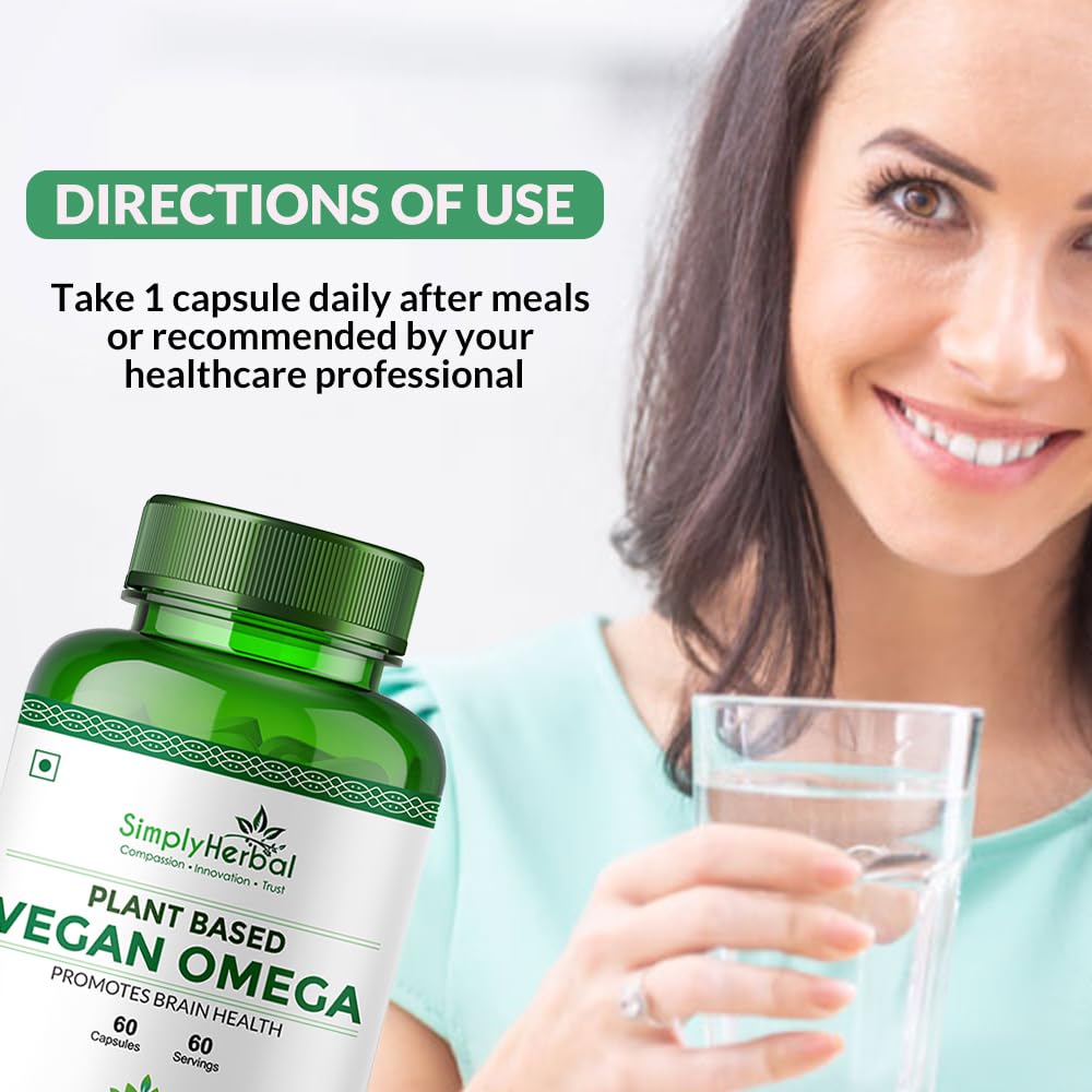 Simply Herbal Organics Pure Vegan Omega 3 6 9 Capsules 500mg Supplement Triple Strength Flaxseed, DHA for Heart, Joint & Brain Health, Immunity Booster - 60 Capsules