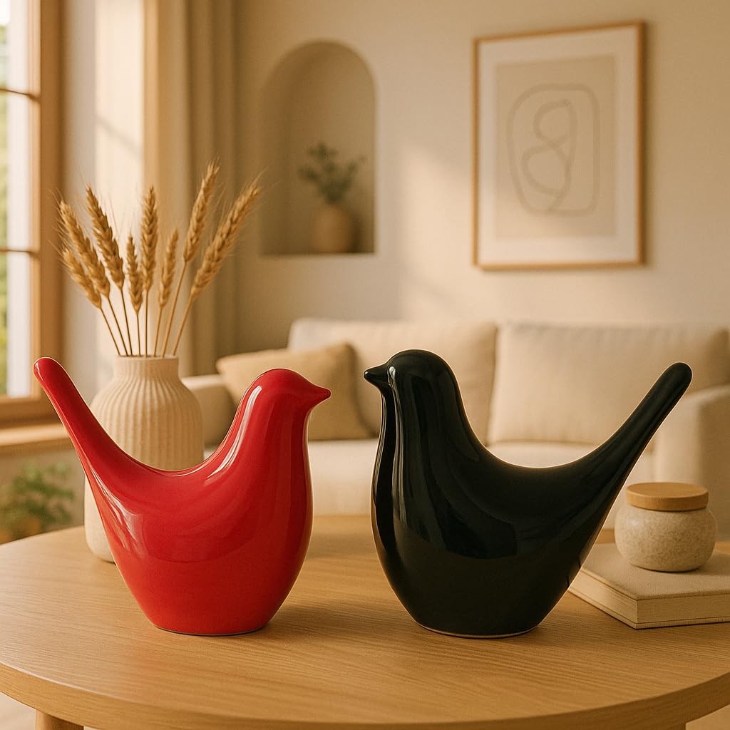 Creative Black and Red Glossy Ceramic Birds Figurines Home Decorations Accessories Party (Pack of 2, Black and Red)