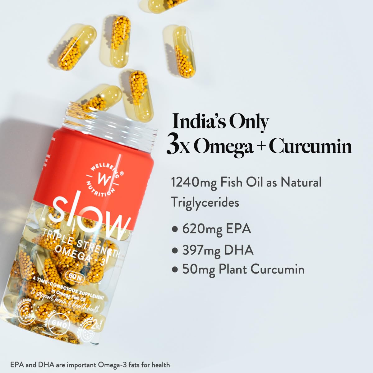 Zephivo Wellbeing Nutrition Slow Triple Strength Omega 3 Fish Oil Capsules for Men and Women 1240mg | 620mg EPA, 397mg DHA | Advanced Omega 3 Supplement with Curcumin for Brain, Joint & Heart (60 Capsules)