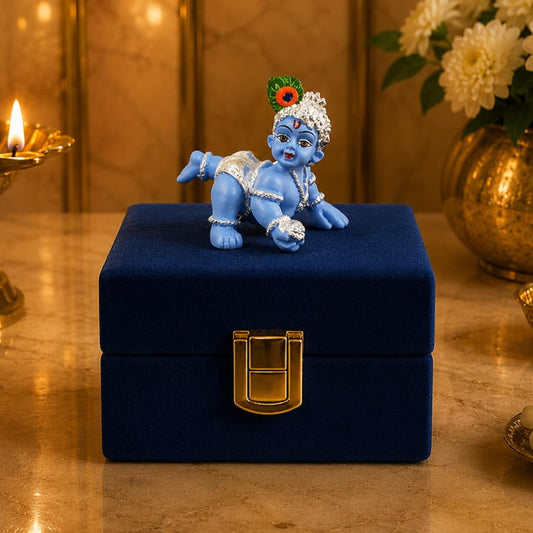 Gold Art India 999 Silver Plated Blue Laddu Gopal Idol | Premium Velvet Gift Box | Bal Krishna Murti for Home Temple & Office | 2.5 Inch