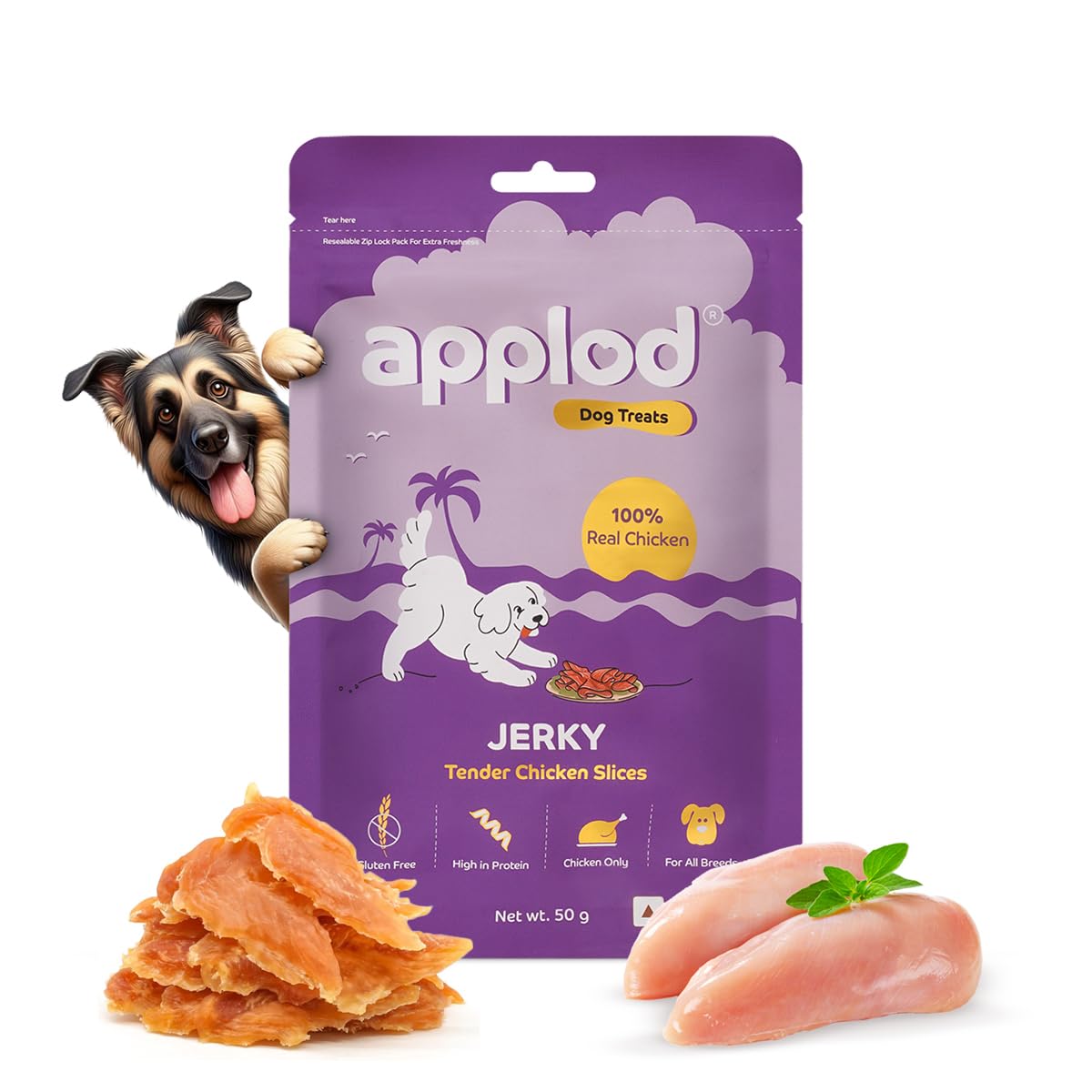 Applod Tender Chicken Jerky Slices Dog Treats | Made with Real Chicken Breast | High-Protein, Low-Fat Grain-Free Reward Snacks for Dogs | 50g