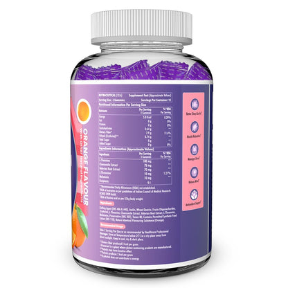 Supplement bottle with purple label and white cap on a white background