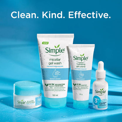 Simple skincare products on a blue background with 'Clean. Kind. Effective.' text.