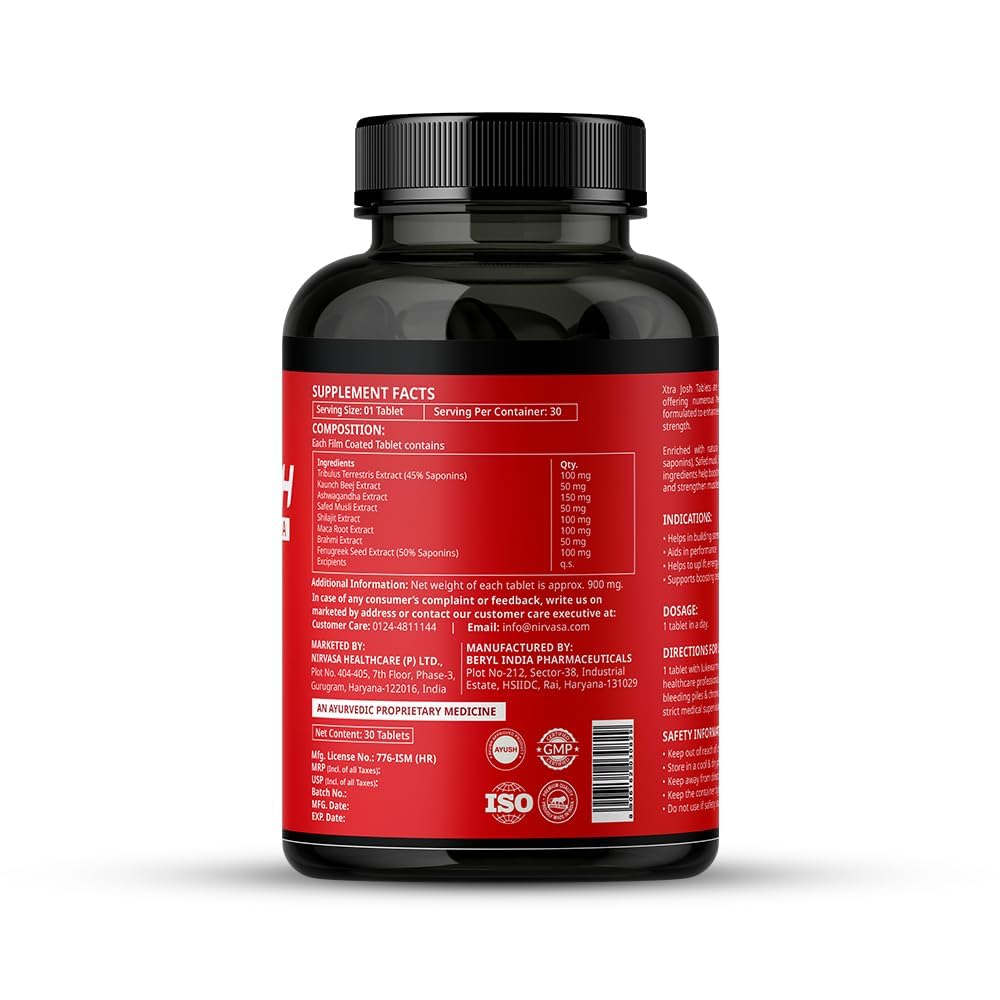 Nirvasa Xtra Josh Tablets for Men (30 Tabs) | Stamina, Energy & Performance Booster | Boosts Vitality, Strength & Endurance | Muscle Support, Enriched with Saponins