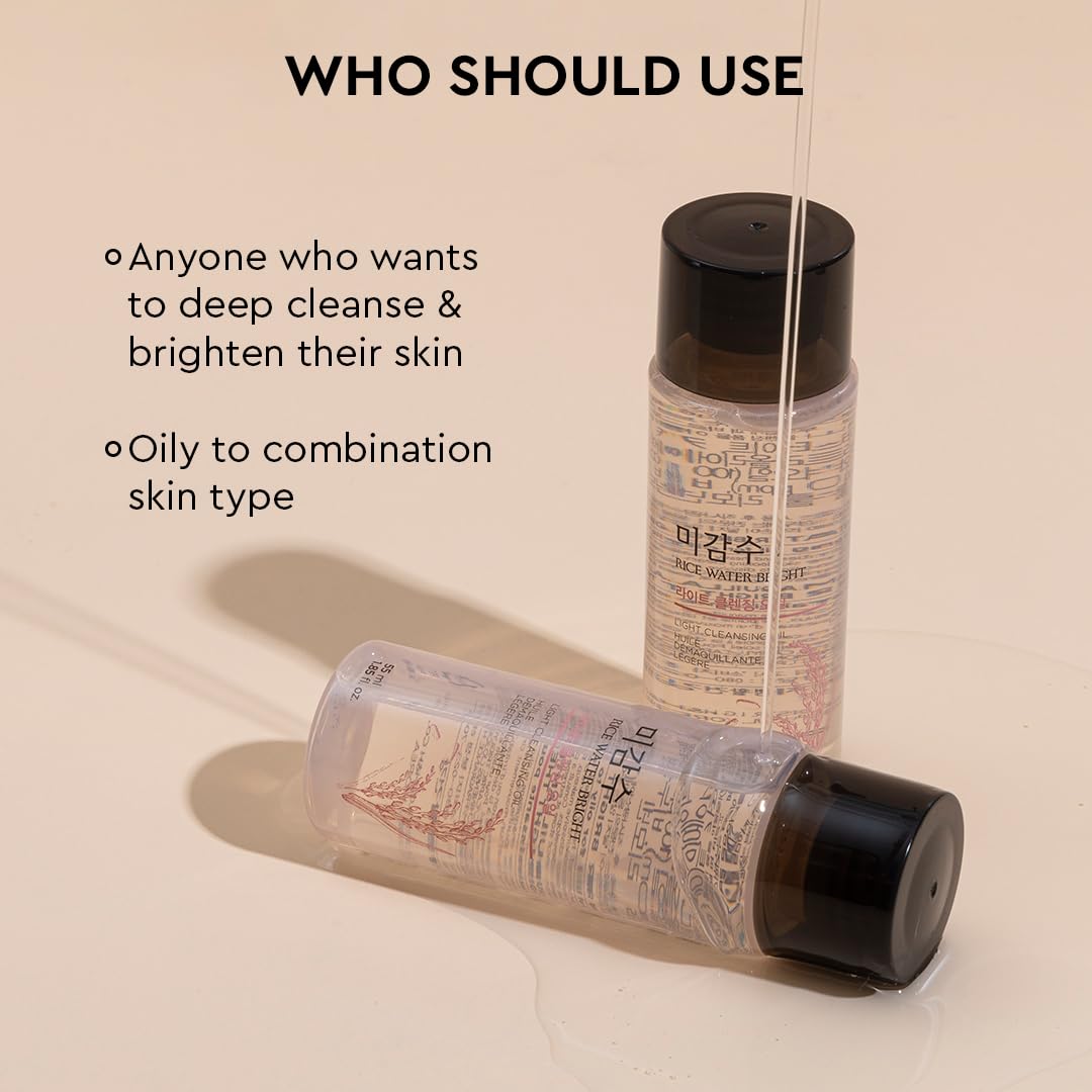 Two skincare bottles with text indicating usage and skin type suitability on a beige background