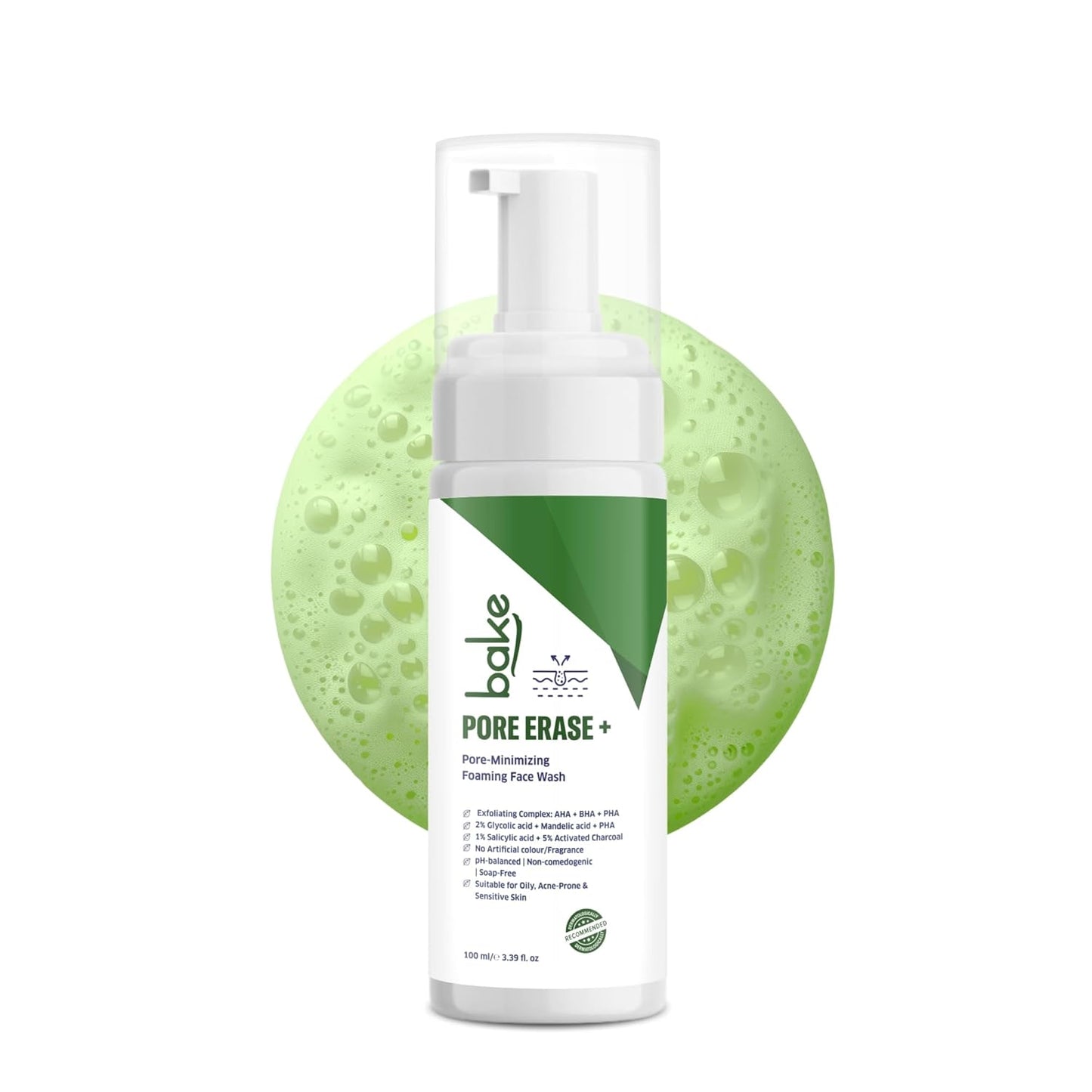 BAKE Pore Erase Foaming Face Wash with 2% Glycolic Acid, 1% Salicylic Acid & Mandelic Acid | Unclogs Pores, Reduces Blackheads & Whiteheads, Controls Sebum | For Oily, Acne Prone & Combination Skin – 100ml
