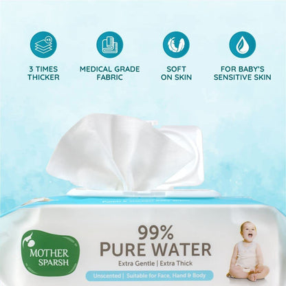 Mother Sparsh 99% Pure Water Baby Wipes (40 Unscented Wipes) Travel Friendly Pack made with Plant Based Fabric