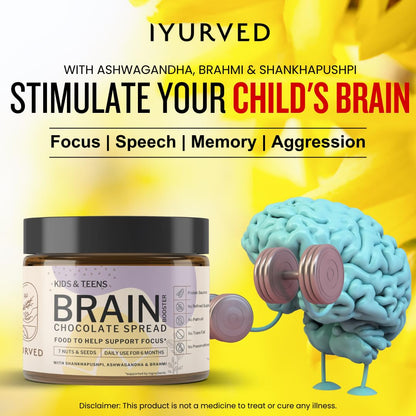 Good for Speech delay, Eye Contact, Concentration, Memory, Focus : Iyurved Kids and Teens Brain Booster Chocolate Spread | Shankhapushpi | Ashwagandha | Brahmi | (340gm)