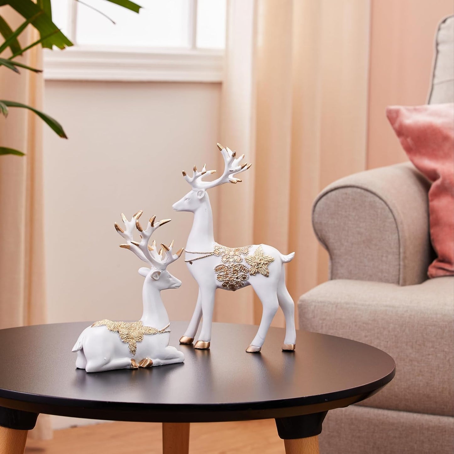 Amazon Basics Creative Resin Golden and White Reindeer Sculptures | Beautiful Home Decor Handicraft Resin | Elevates The Energy of Your Room (Pack of 2, White and Golden)