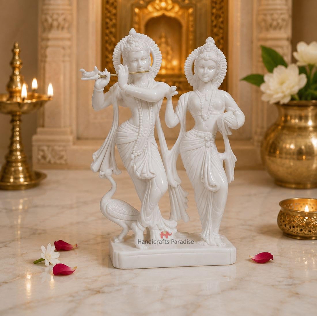 Handicrafts Paradise White Marble Radha Krishna MurtiHandcrafted Statue Showcasing Krishna with Flute God Idol for Home Temple Decor & Devotional Gift - 7 Inch