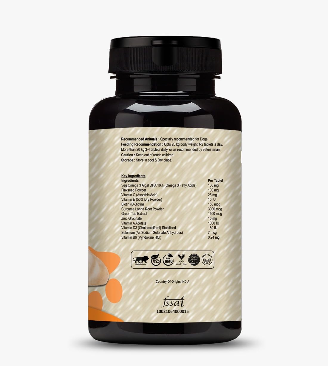 Black supplement bottle with label on a white background