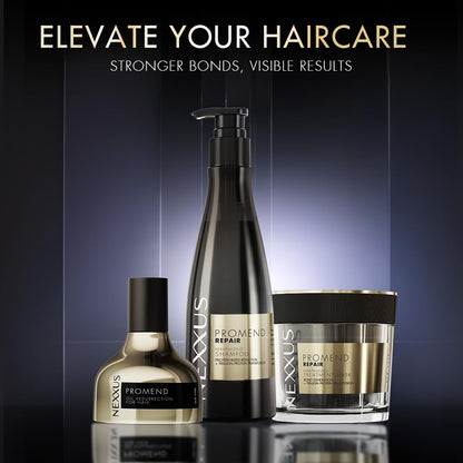 Nexxus haircare products with promotional text on a dark background