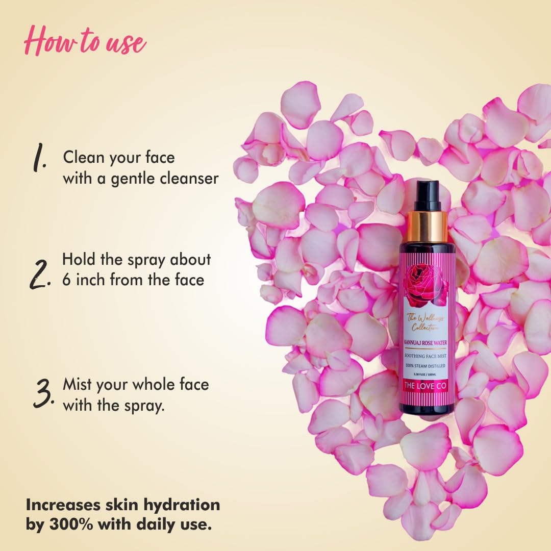 Spray bottle with pink label surrounded by pink flower petals on a beige background
