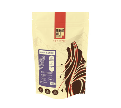 Brunos Dry Dog Food Puppy & Junior 250g (Pack of 1) | Chicken Formula with Salmon Oil & Herbs | 26% Protein & 16% Fat | for Growing Puppies of All Breeds | Supports Growth, Digestion & Bone Health