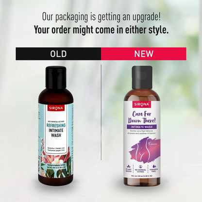 Two bottles of Sirona intimate wash with old and new packaging styles on a blurred background.