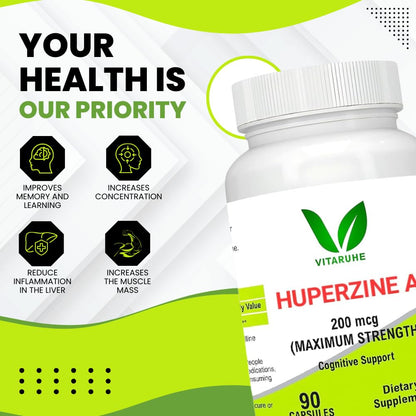 VITARUHE® Huperzine A 200mcg Per Serving, 90 Capsules, (Huperzine A Supplement), Supports Focus, Cognition, Memory and Learning Ability, Premium Brain Health Supplement, No GMOs